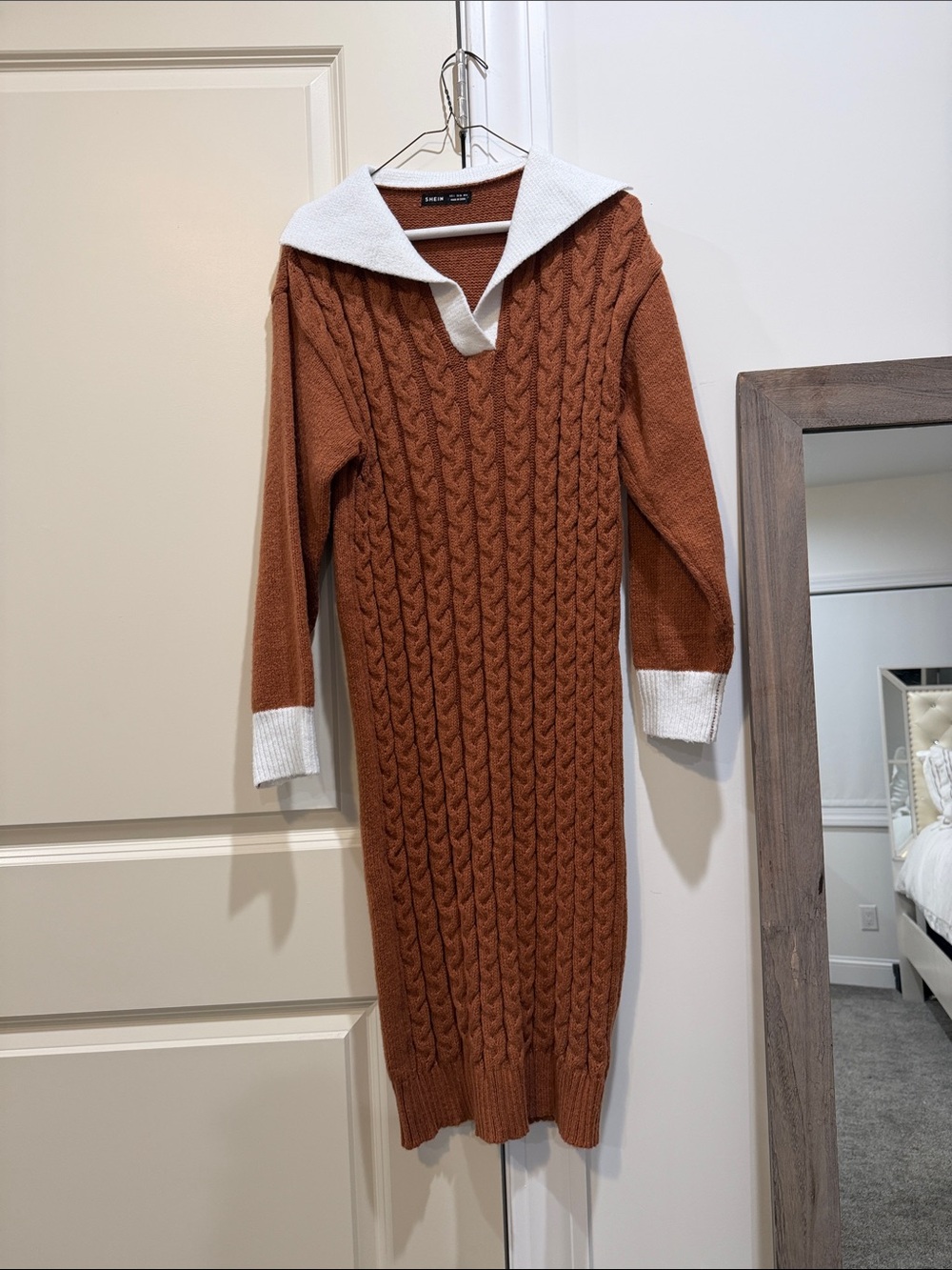 SHEIN Rust Cable Knit Sweater Dress with Cream Collar